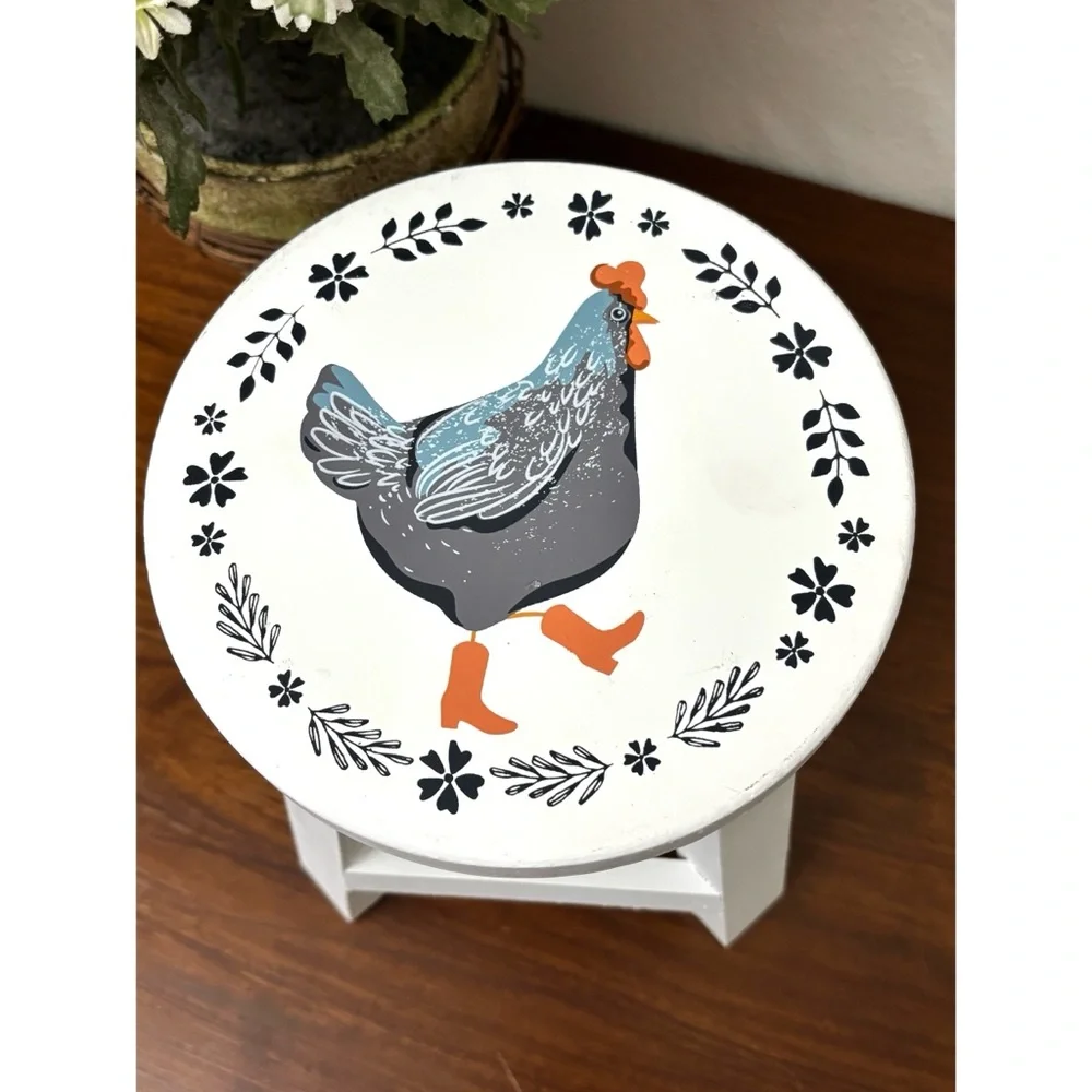 FARMHOUSE PAINTED HEN WITH BOOTS NOVELTY STOOL COUNTRY KITCHEN TABLETOP DECOR
